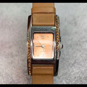 𝅺QUARTZ camel coloured rectangular crystal rhinestone trim watch